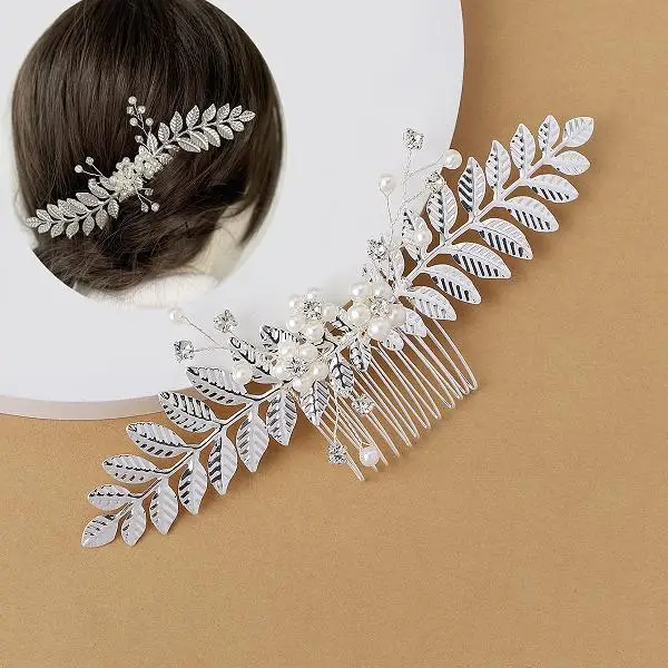 Gold Color Crystal Pearl Hair Comb Clip Hairpin Rhinestone Leaf Wedding Hair Comb Bridal Wedding Hair Accessories Jewelry Comb
