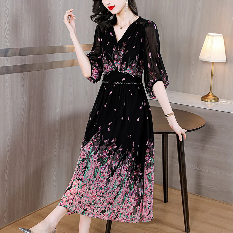 

2023 Summer New Silk V-Neck Bubble Sleeves Dress Flower Print Waist Shrinking Silkworm French Fragmented Knee Length Robe