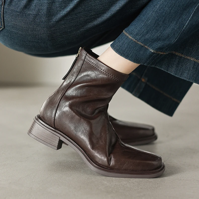 2026 new autumn winter women ankle boots 22-24.5cm microfiber upper square toe thick heel back zip short boots fashion