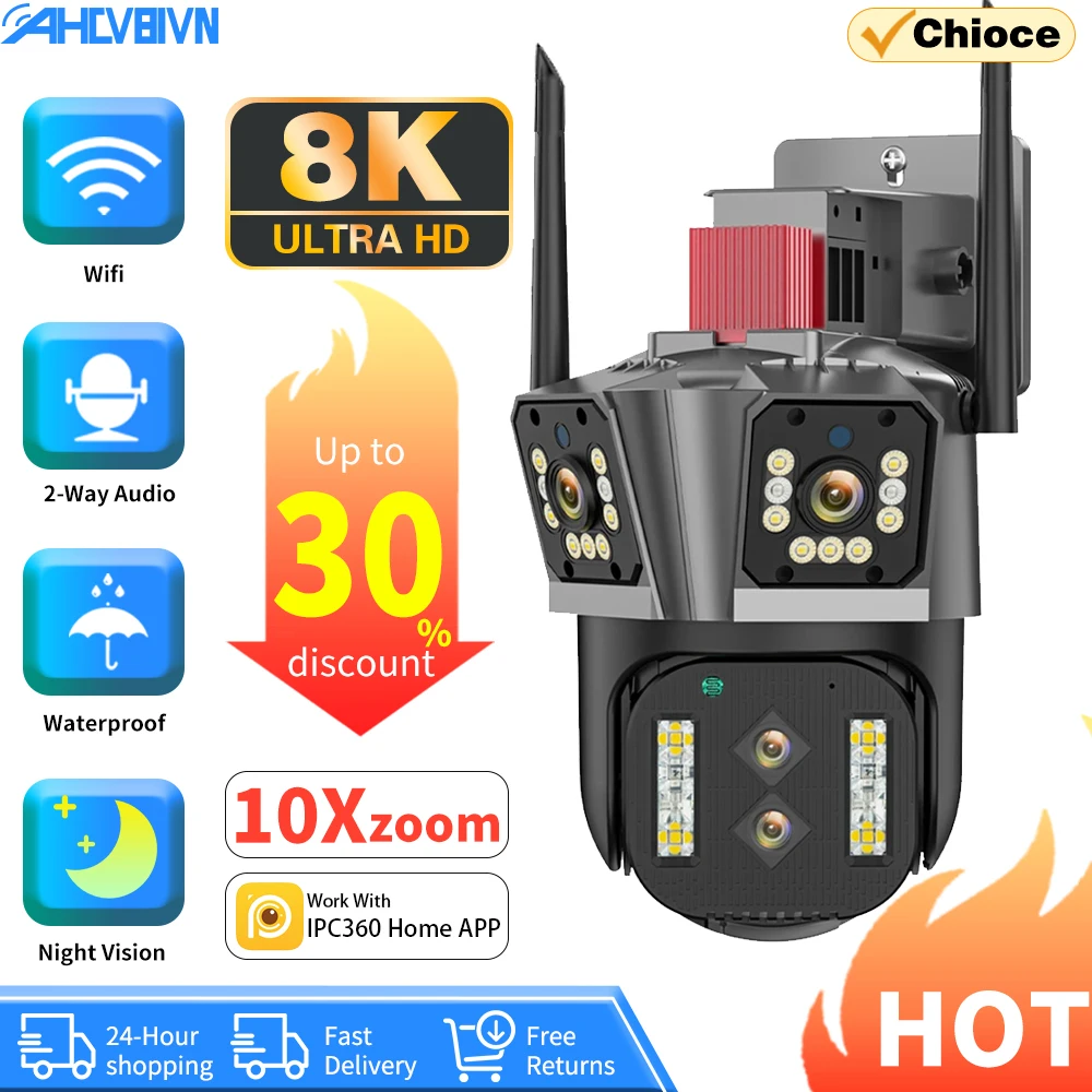 Four lenses Three-Screen 8K IP Camera 10X Zoom Outdoor 4K 8MP PTZ WiFi Camera Auto Tracking Security Protection CCTV Camera