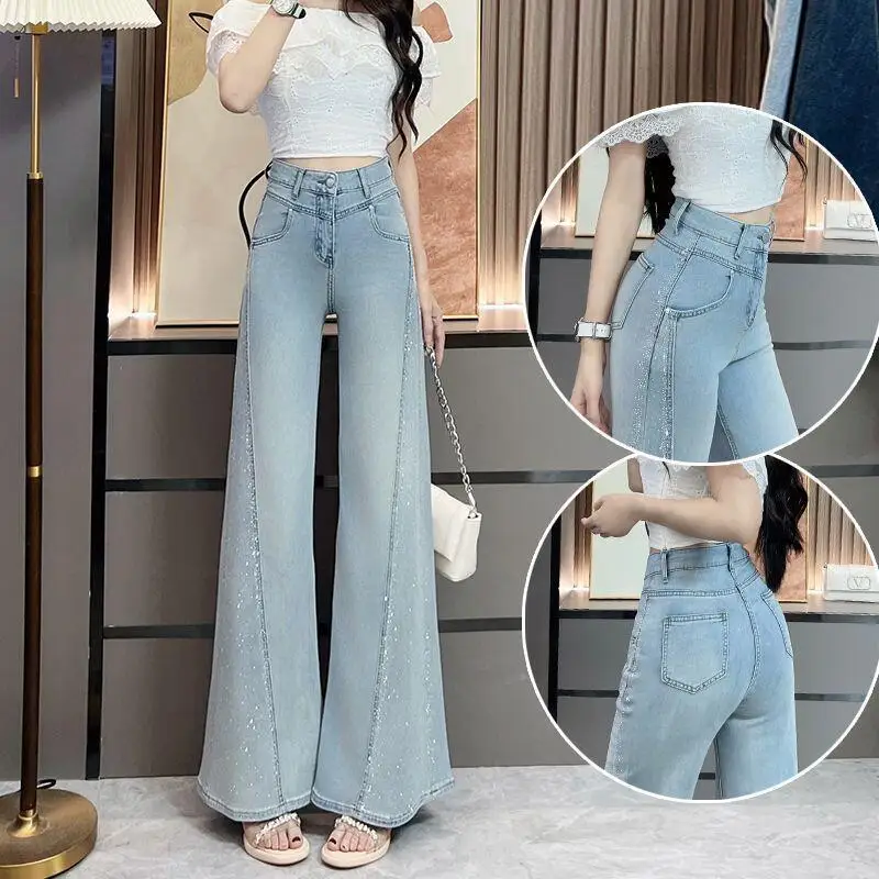 Bestselling Hot 2026 Spring Sumer New Fashion Comfort Women Clothing Blue Soft Denim Pants Elegant Stylish Sweet Wide Leg Jeans