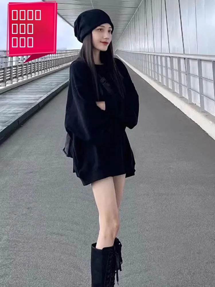 

Женский свитшот больших размеров из чистого хлопка с круглым вырезом, на флисовой подкладке, свободный, тонкий, в корейском стиле, удлиненный, прикрывающий бедра, с длинными рукавами