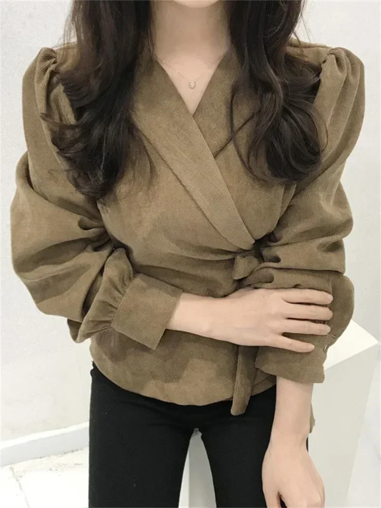 

Autumn Blouse Women Korean Fashion Lace-Up Top Female Vintage Casual V-Neck Long Sleeve Shirt Elegant Office Lady Slim Blouses