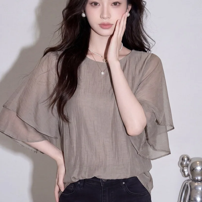 High-End Micro-Lace Sleeveless Batwing Top Women Summer Casual Versatile Chiffon Blouse Loose Fit Polyester Fiber
