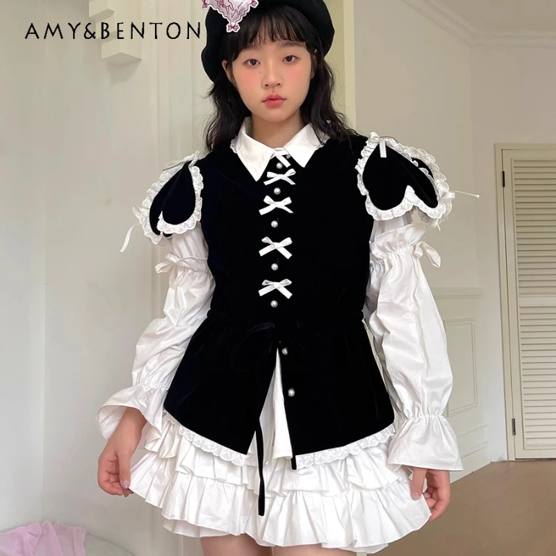 

French Original Design Black Detachable Sleeves Heart Velvet Women's Coat Spring Summer New Sweet Cute Versatile Bow Vest Ladies