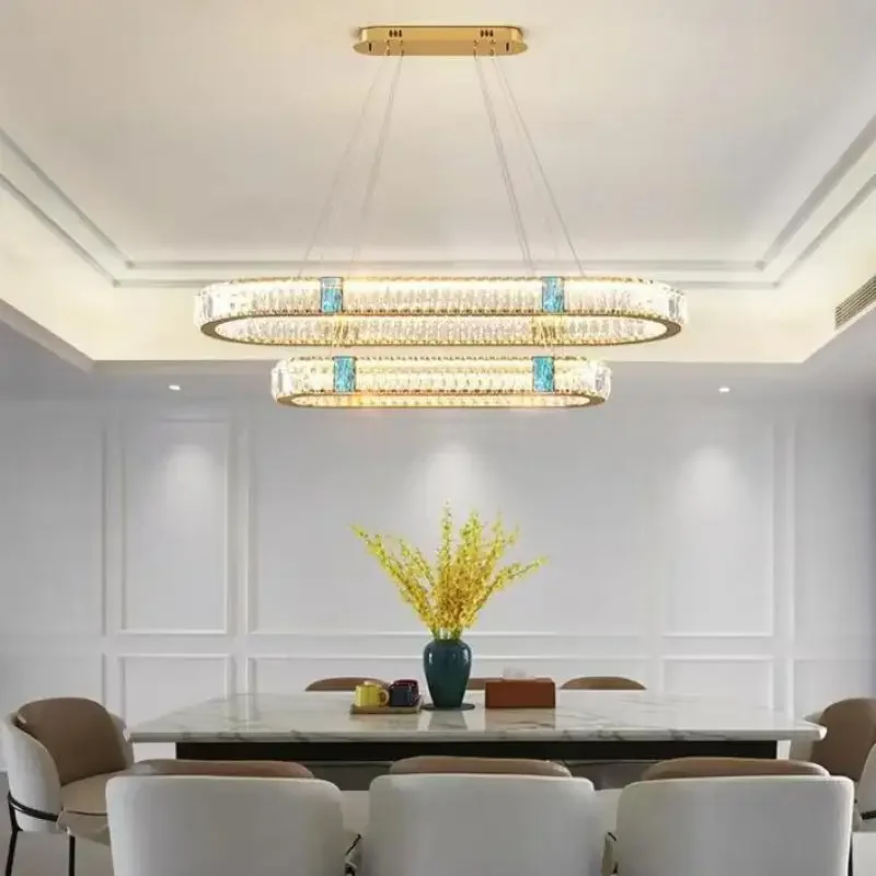 

Postmodern Dining Room Led Dimmable Pendant Lights By Remote Control Crystals Lustre Oval Gold Steel Hanging Lamp Led Llighting