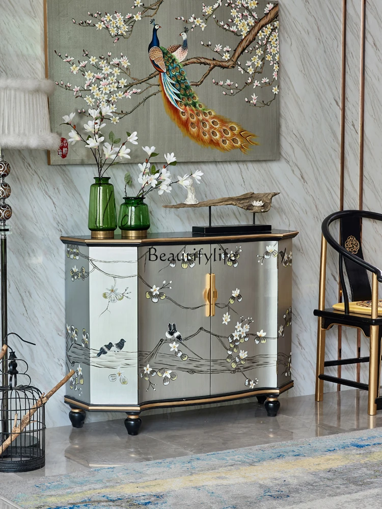 

New Chinese Style American Style Corridor Aisle Hallway Curio Cabinet Painted Bird Language Silver Foil Shoe Cabinet