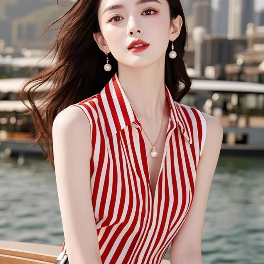 Summer 2025 Women's Sleeveless Vest Top Black White Stripes Chiffon Shirt Fashionable Outerwear Korean Style Breathable Polye...