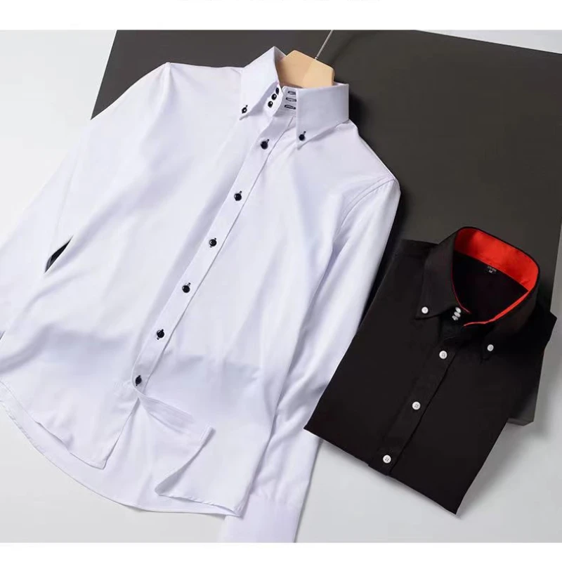 Fashionable White Shirt for Men，Casual Slim Fit with Long Sleeves and Drill Buckle Turtleneck Dress Shirt Korean Size M-3XL 4XL