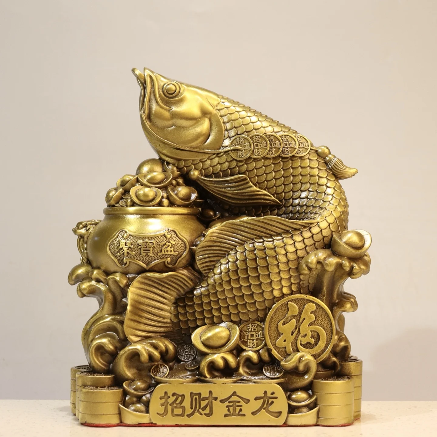 Old Brass Fortune Golden Dragon Fish Treasure Bowl Yuanbao coins Blessings to the Wealth Gathering Fish Study screen  Ornaments