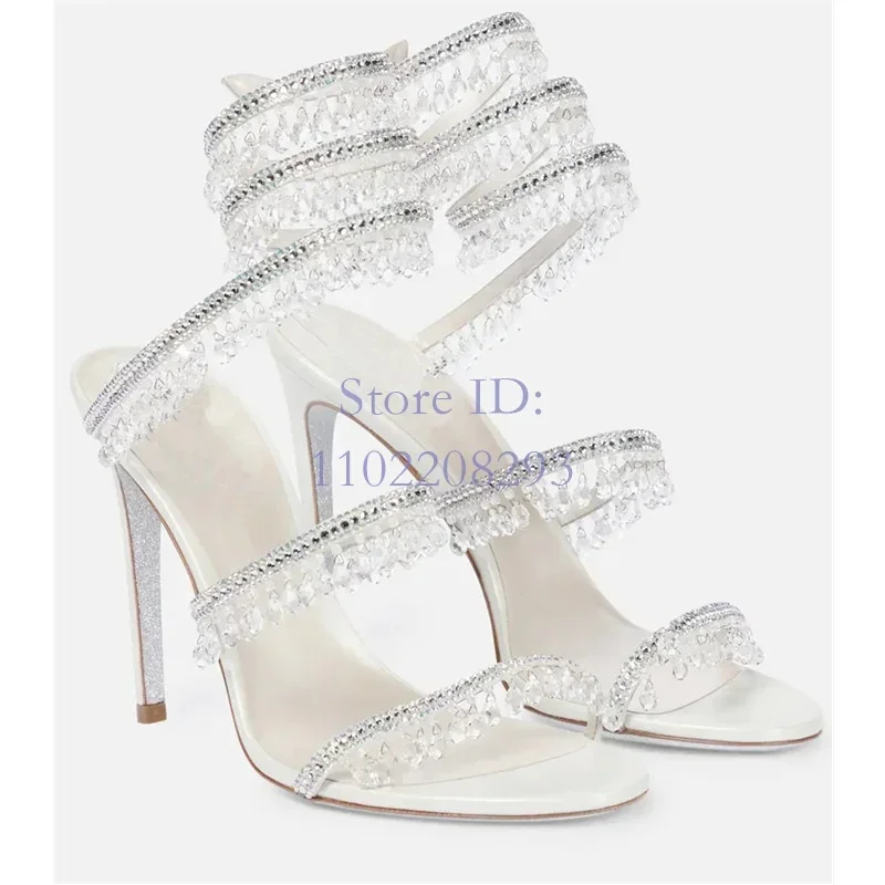 Snake Shaped Winding Tassel Sandals Open Toe Thin Heels Rhinestone High Heeled 2024 Summer New Arrival ﻿Fashion Women Shoes