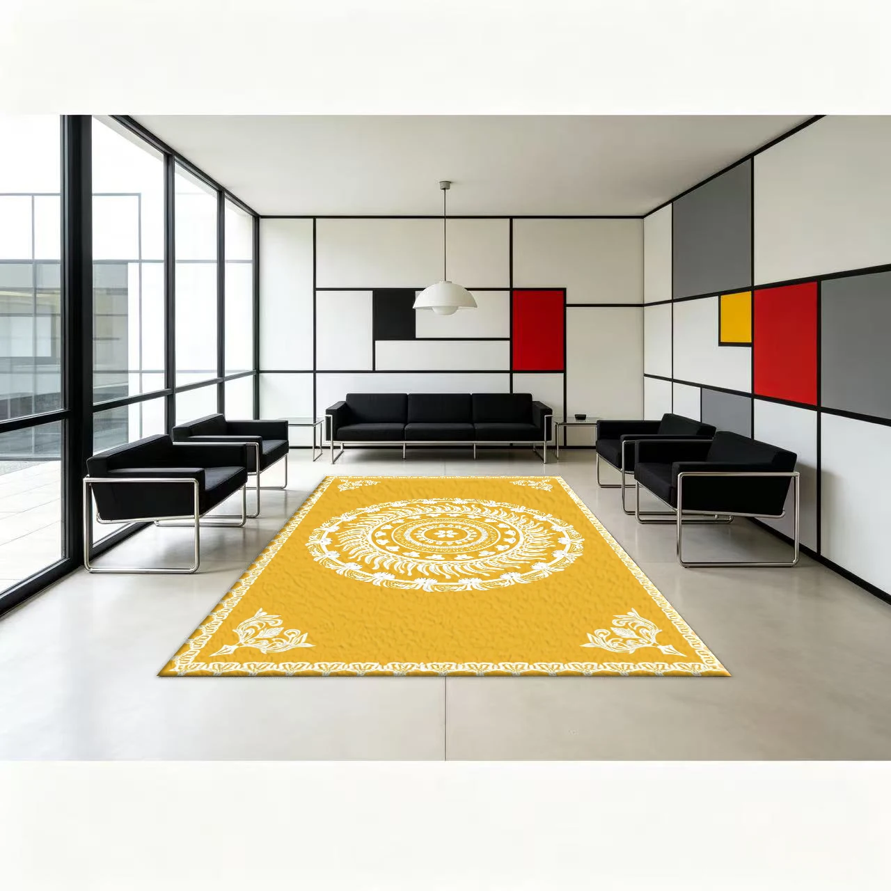 Yellow Background with White Mandala Pattern Decorative Carpet Bohemian Vintage Border Non-Slip Floor Carpet