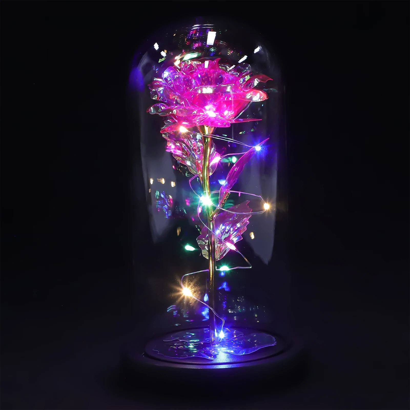 

Pink Rose LED Light Glass Dome Clear Lampshade Stem Realistic Petals Romantic Table Lamp Club Party Decoration