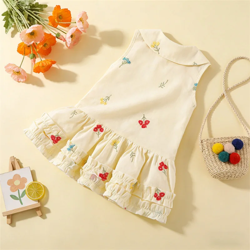 Toddler Baby Girls Yellow Floral Print Dress Summer Infant Sleeveless Sundress Newborn Cute Casual Cherry Flower Outfit Kid 0-4T