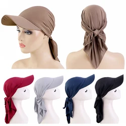 Bandana Women Brim Cap Sun Visor With Pre-Tied Turban Caps Head Scarf Hijab Pure Color Bandage Muslim Female Fashion Outdoor Hat