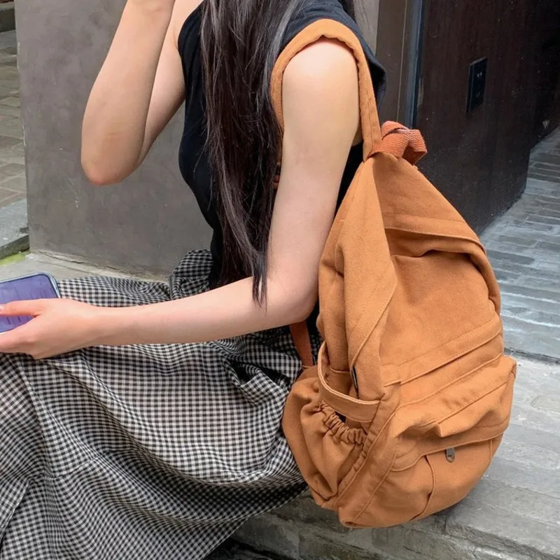 Women's Backpack 2024 New Solid Color Simple Washed Canvas Large Capacity Retro Fashion Versatile Mochila