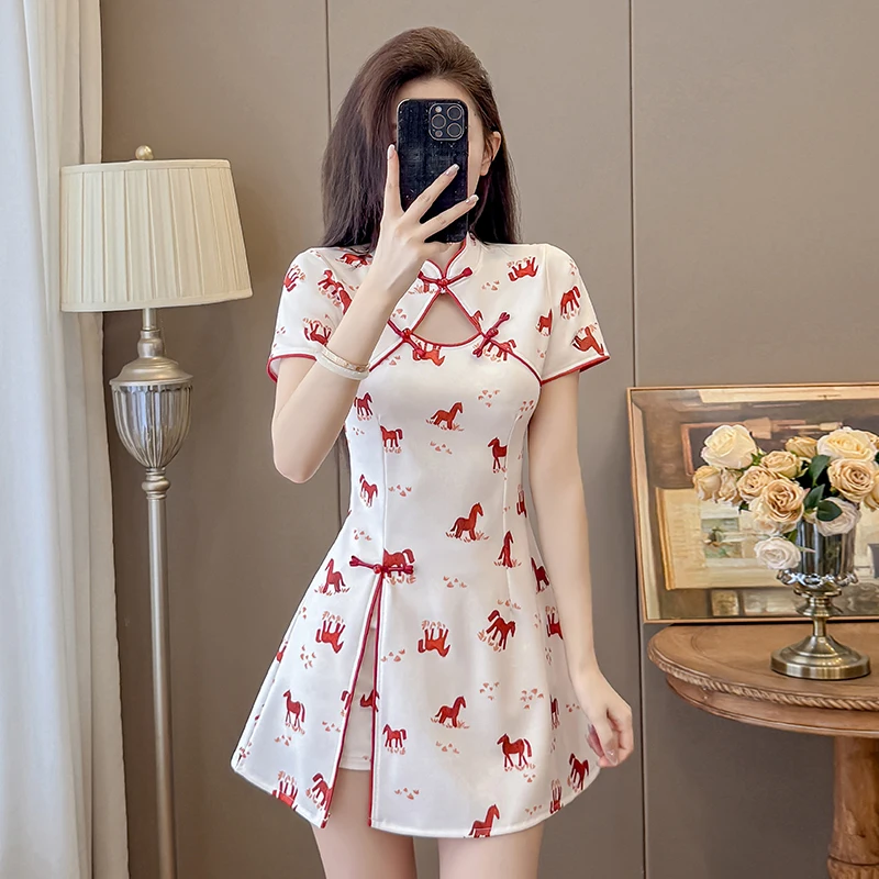New Chinese Style Qipao Dress Set for Women 2026 New Elegant Printed Two-Piece Outfit with Horse Pattern Cheongsam Outfits