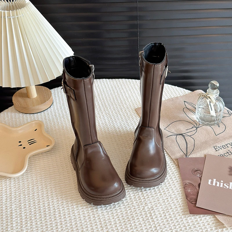 

2025 Children High Boots for Girls Autumn Winter New Fashion Korean Style Soft Sole Non-slip Versatile Princess Catwalk Shoes