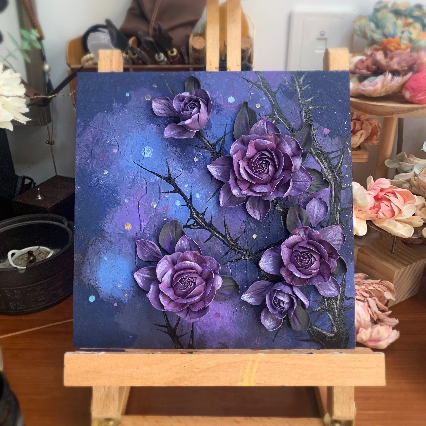 0074 Rose in the dark night Handmade Clay Embossed Floral Wall Art Oil Acrylic Canvas Painting Decor 3D Relief Texture Vintage