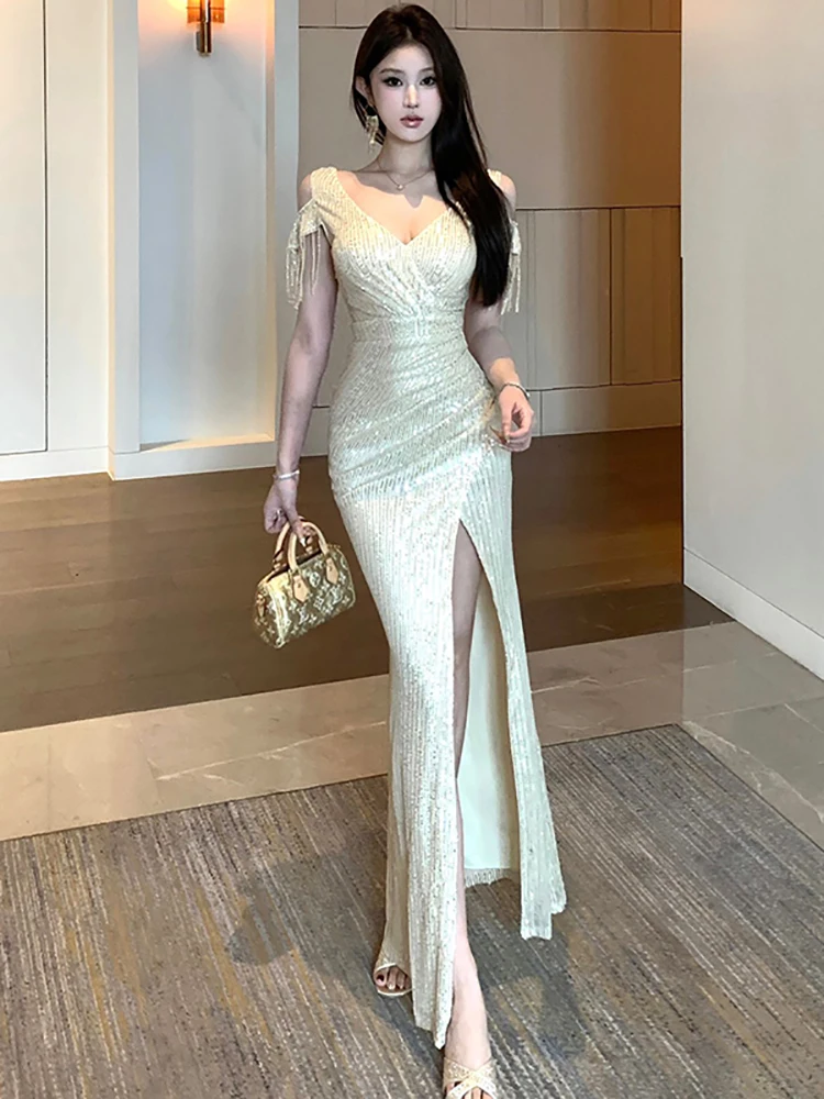 Femmes nouveau gland manches courtes paillettes col en v luxe longue robe été élégant robe moulante 2025 coréen Vintage fête robes