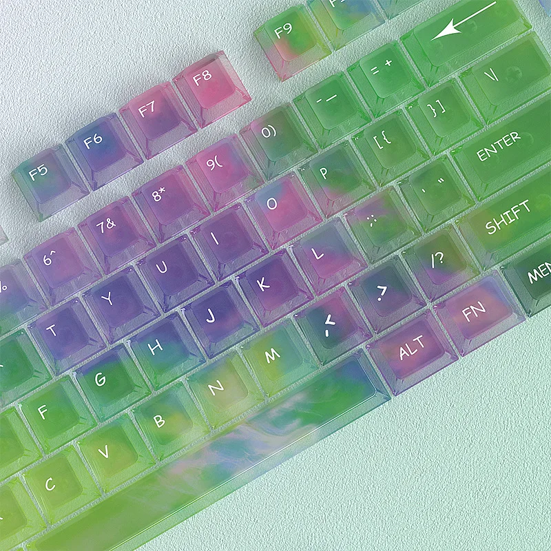 Rainbow Iridescent Mist Roland Purple & Jade Green PC Transparent Keycaps 119PCS Mini Full Set OEM Profile