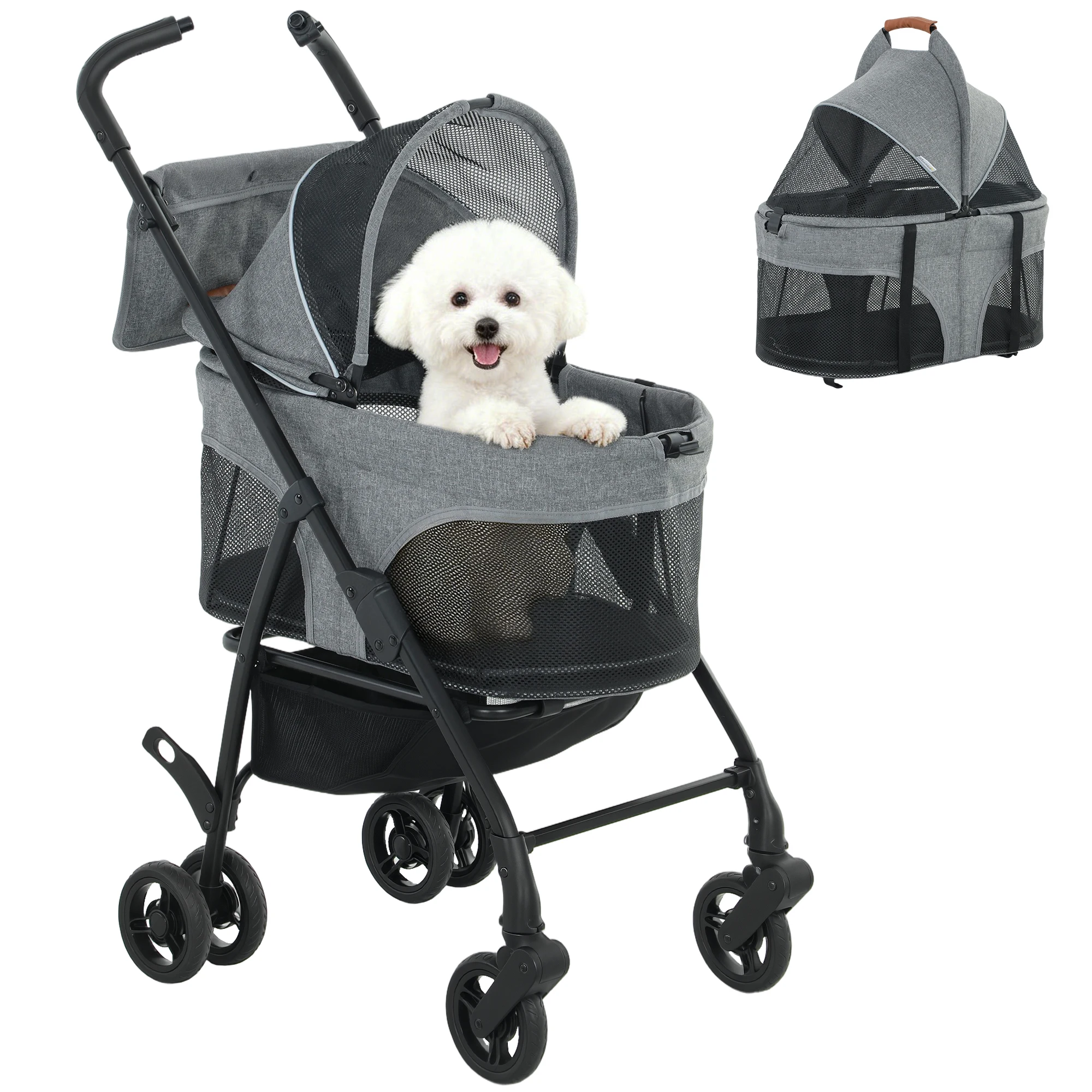 PawHut Carrozzina 3 in 1 per Cani con Culla Rimovibile e Sospensioni Senza Cerniera