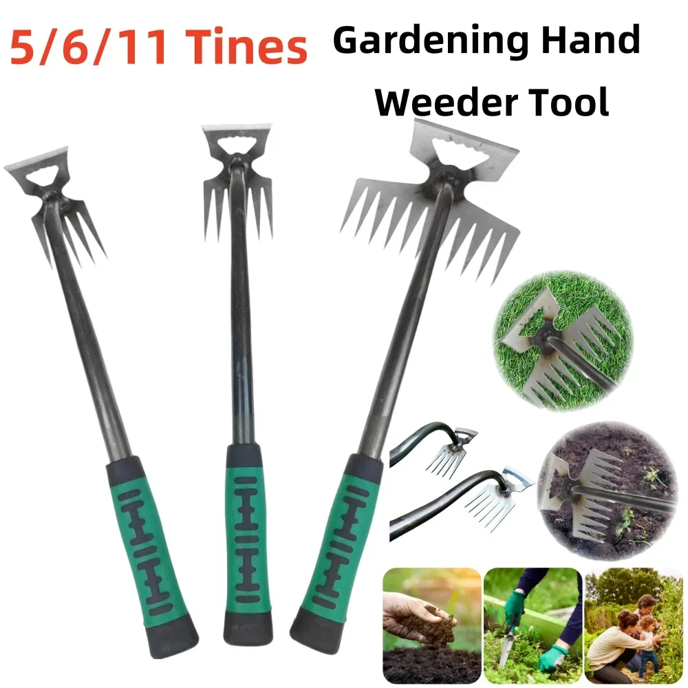 

2 In 1 5/6/11 Tooth Garden Rake Manual Weed Grass Rooting Tool Puller Shovel Weeding Removal Hand Gardening Loose Soil Tool