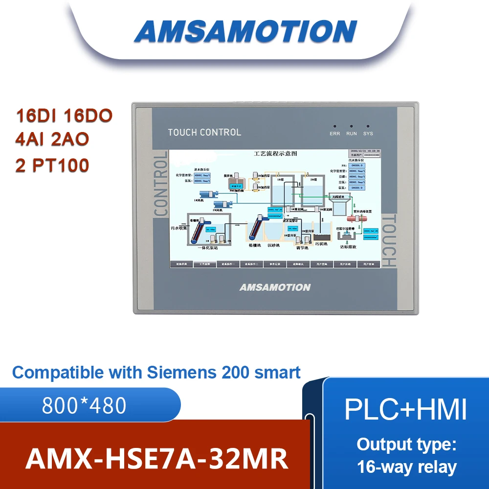 AMSAMOTION 7'' Inch Ethernet All-in-1 Ethernet Monitor HMI S7-200 SMART PLC 16DI 16DO 4AI 2AO Controller Touch Screen PT100