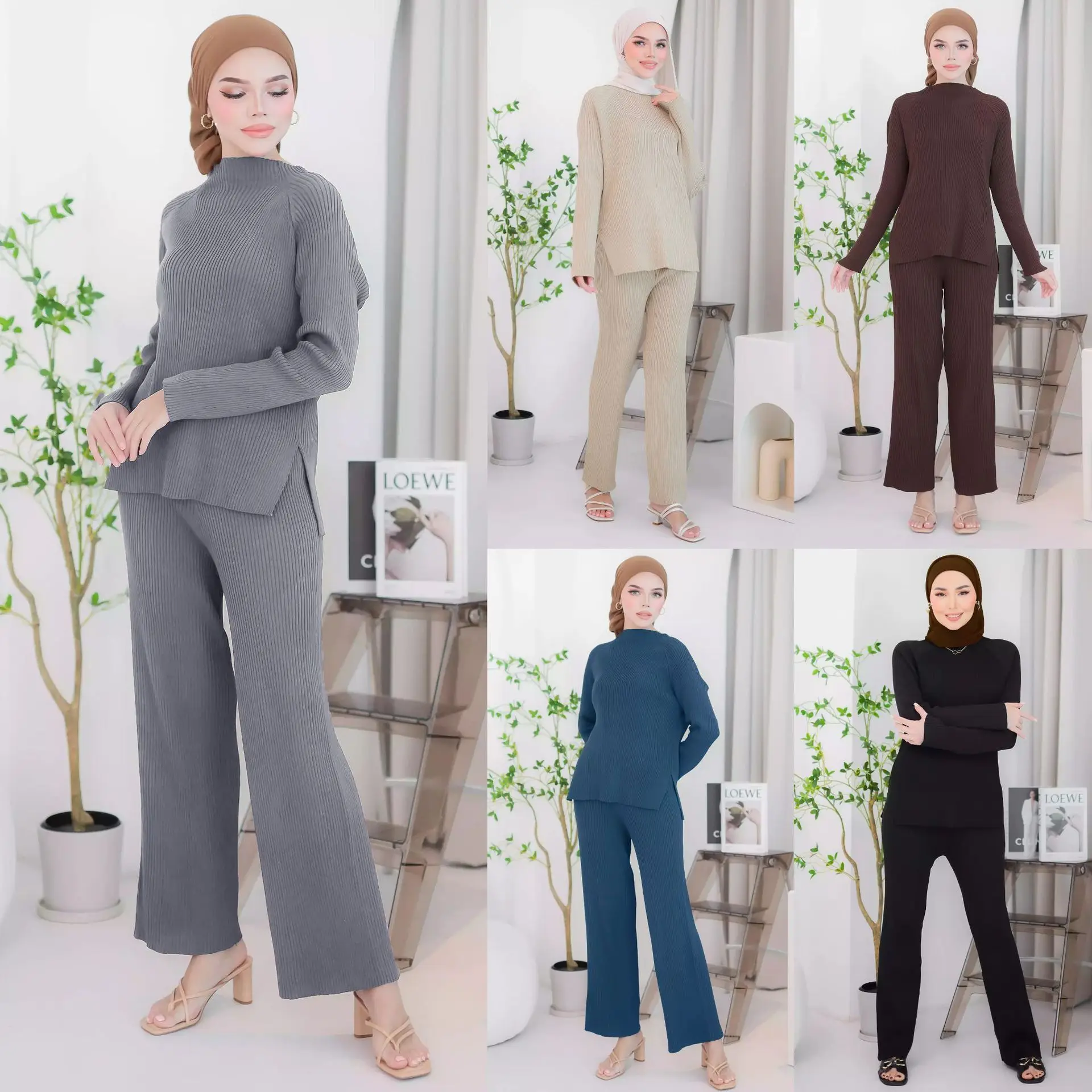 

M233# Autumn/winter Casual Knitted Set Women's Malay Indonesian Wide Leg Pants Two Piece Set Ramadan Dubai Luxury Islam Elegant