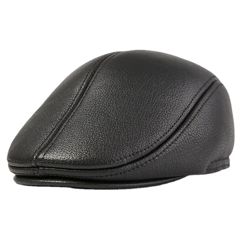 

Men's Genuine Leather Hats for Middle Aged Elderly Sheepskin Beret Facing Duckbill Hat with Earflaps for Autumn Winter Warmt