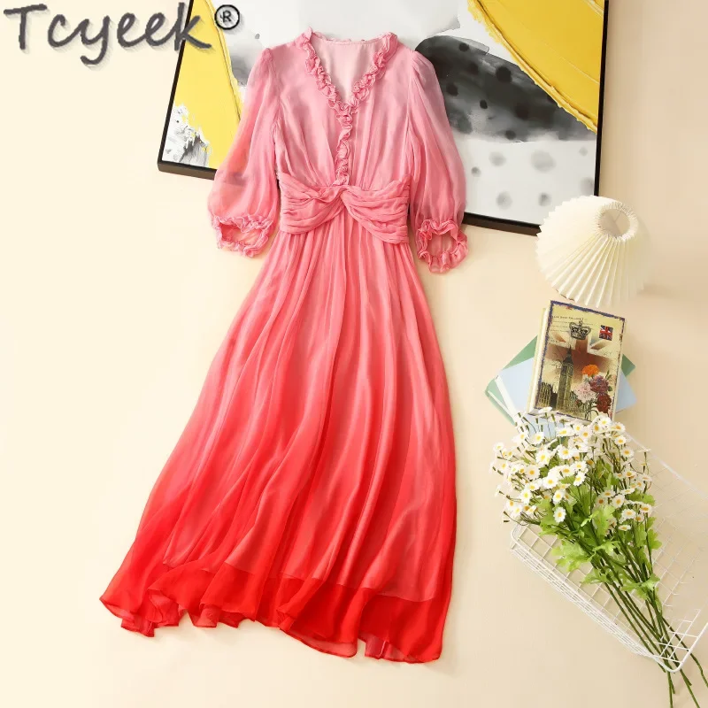 Tcyeek 100% Real Mulberry Silk Dress Women 2024 Elegant and Pretty Women's Dresses Beach Dress Summer Clothes Vestidos De Mujer