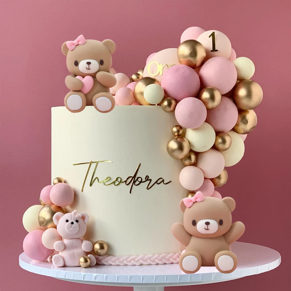 

42Pcs/Set Bear Cake Toppers Pink Gold Yellow Balls Bear Shape Cake Topper Happy Birthday for Baby Shower Baptism Birthday Decor