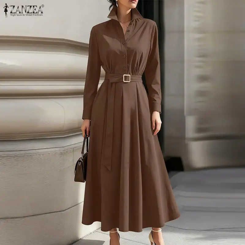 ZANZEA Elegant Women Lapel Neck Long Sleeve Work Dresses 2026 Autumn Spring Office OL Dress Stylish Solid A Line Belted Robe