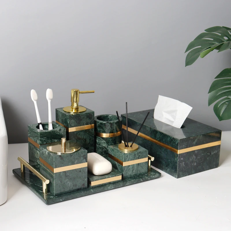 Indian Green Natural Marble Bathroom Set Luxury Gold Soap Dispenser Soap Dish Tissue Box Tray Bathroom Accessories