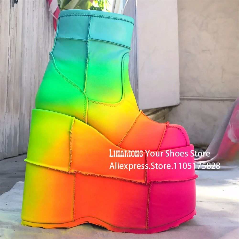 

Gradient Multicolored Booties Dual Platform Wedge Ankle Boots Kawaii Fashion Style Slip-On Boots Customizable Large Size Boots