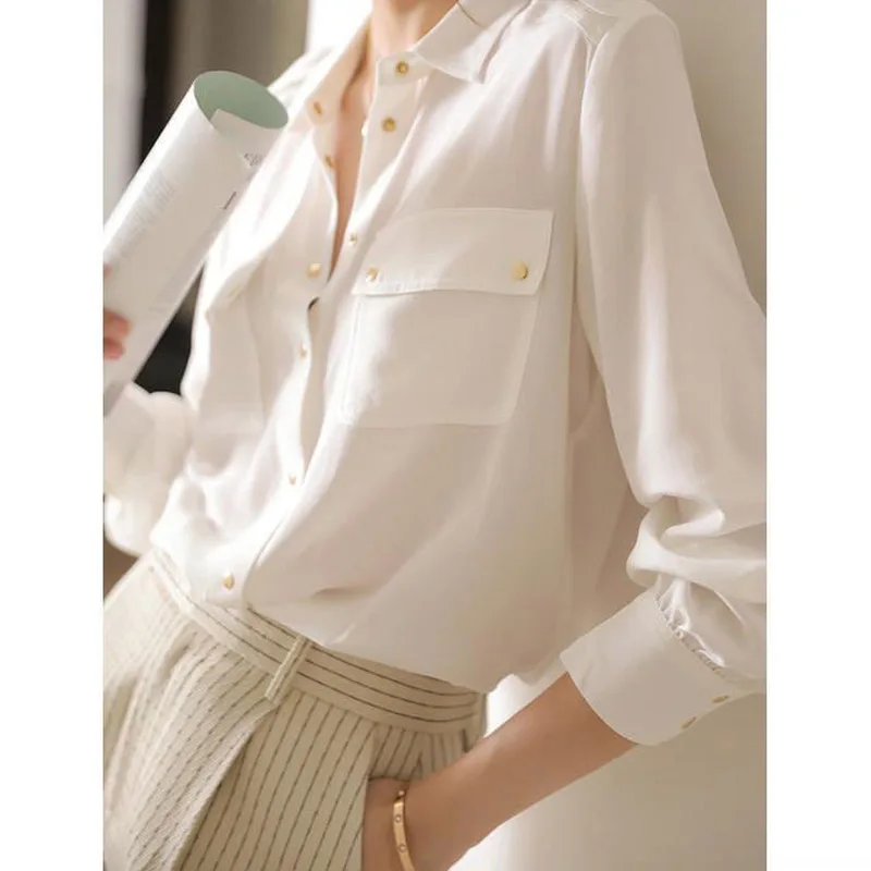 Spring Summer Women's Shirt Double Pocket Long Sleeve POLO Collar Single Breasted Loose Solid Professional Commuter Retro Top