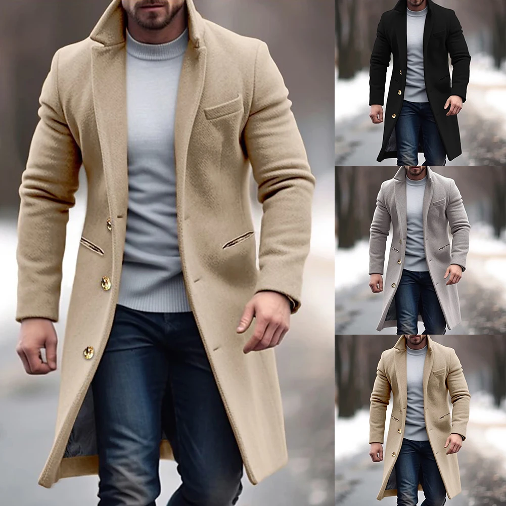 Men's Winter Warm Single-breasted Lapel Overcoat Trench Business Gentleman Coat Long Jacket Outwear Windbreaker M-2XL