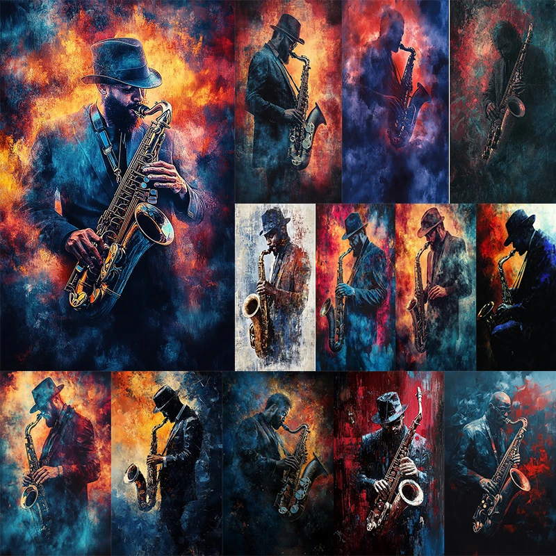 Jazz Music Painting Canvas Print Poster Abstract Musician Playing Saxophone Wall Art Painting Mural For Living Room Home Deco