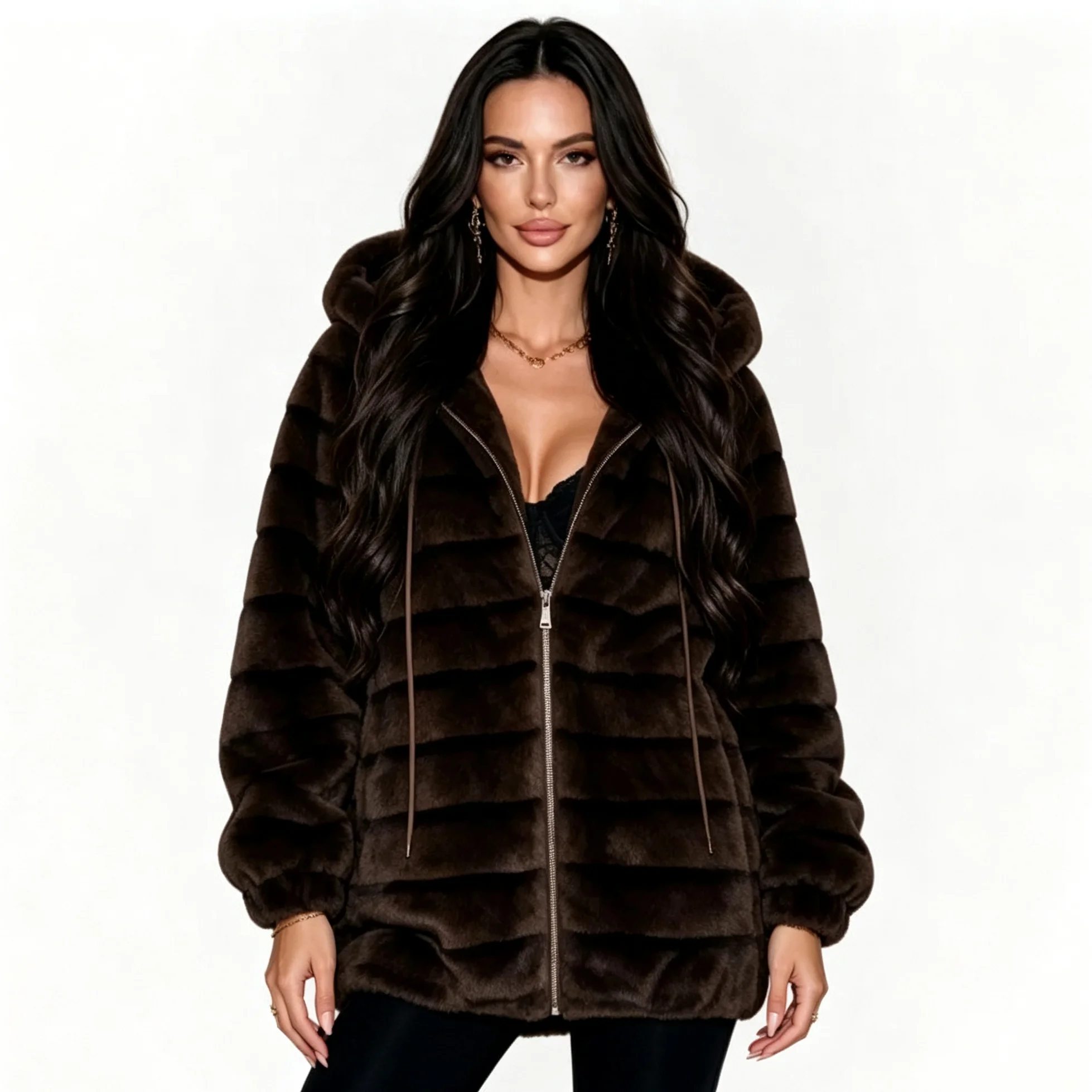 IG Women Faux Fur Hooded Coat Zipper Long Sleeve Striped Plush Loose Warm Outerwear Autumn Winter Fashion Overcoat