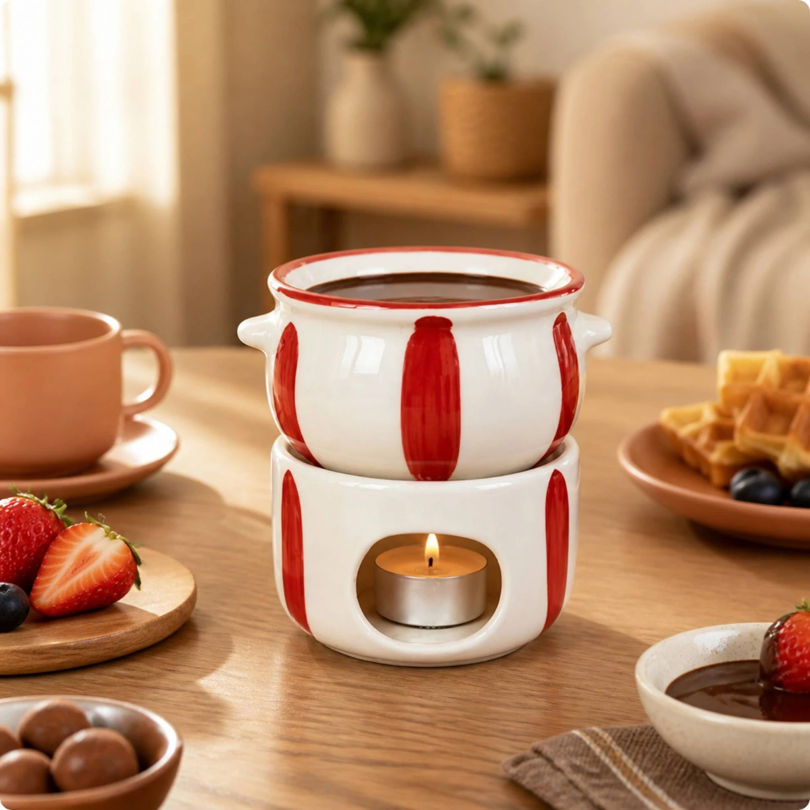 Two-Part Ceramic Chocolate Warmer Compact Ceramic Chocolate Fondue Melting Pot Individual Sweet Bowl Multi-Functional No Lead