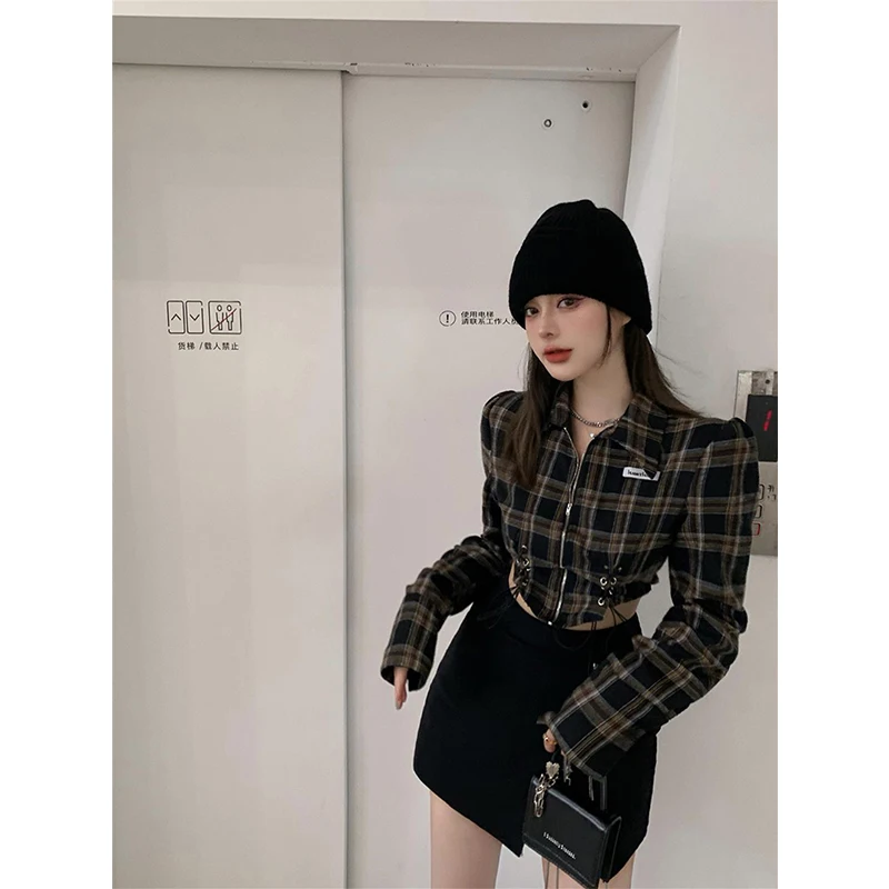 Y2K Streetwear Plaid Shirts Women Harajuku Bandage Tunic Crop Tops Vintage Korean Long Sleeve Zipper Slim Casual Chic Blouses