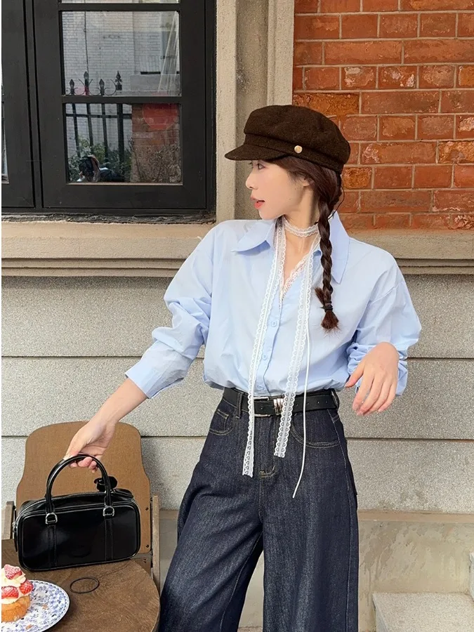 

Elegant plus Size Women's Collar Shirt with Lace Trim Belted Slimming Top Korean Style Spring Summer Fashion
