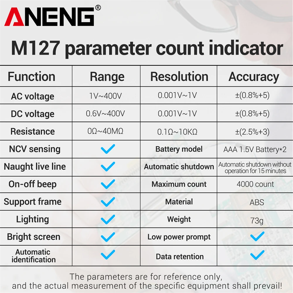 Aneng multímetro inteligente 4000 contagem ac/dc teste de tensão m127 resistência ncv detecção ohm ohm ohm ohm ferramentas de linha de detecção de fogo zero