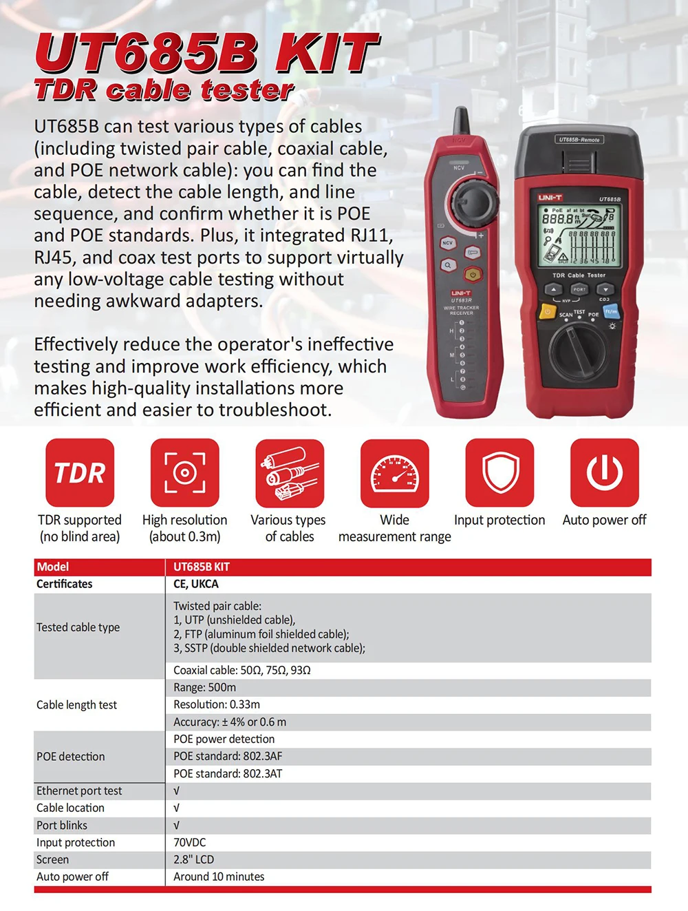 UNI-T UT685B Kit TDR Cable Tester Pair Coaxial POE Network Cable Length Sequence Detector RJ11 RJ45 Plug Adapter Digital Meter
