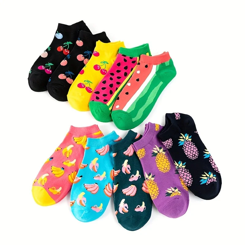 8/10 Pairs Cartoon Fruit Funny Socks Women Men Cute Breathable Ankle Socks Printing Summer Short Socks Cotton Blends