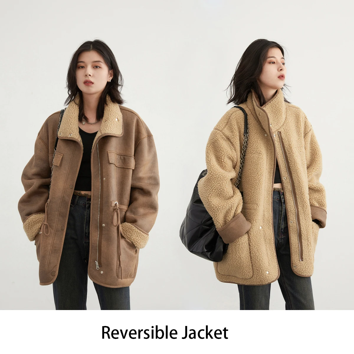 CHIC VEN 여성 자켓 느슨한 캐주얼 두꺼운 솔리드 스웨이드 가역 자켓 오토바이 겉옷 여성 오버 코트 겨울 가을 2025