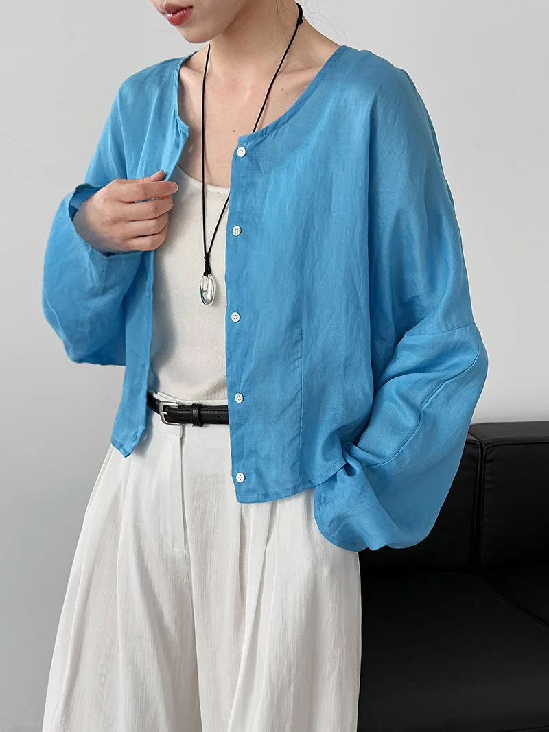 Camicia semplice con protezione solare girocollo da donna, nuovo cappotto sottile corto estivo in ramie
