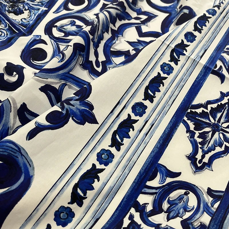 Europe And America Fashion Blue And White Porcelain Printed Cotton Fabric For Woman Dress Blouse Handmade DIY Cloth Sewing