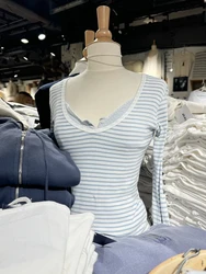 New Blue Striped V-neck T-shirts Women Autumn Cotton Slim Long Sleeve Tees Casual Vintage Preppy Style Sweet T Shirt Y2k Tops