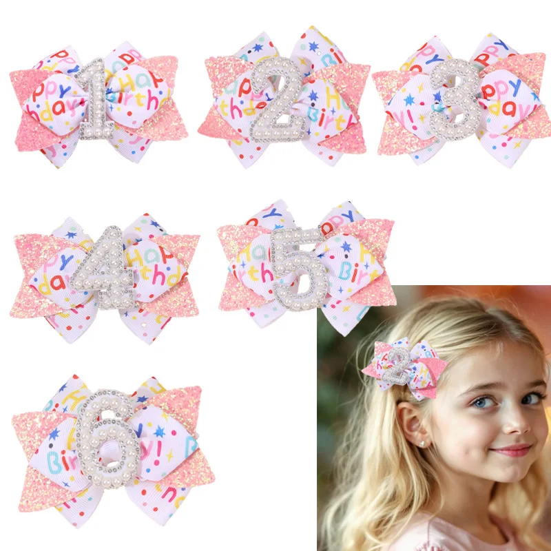 

24pc Pink Glitter Hair Clips for Baby Girls with Pearl Number Ribbon Bows Barrettes Hairpin Birthday Party Bulk Headwear